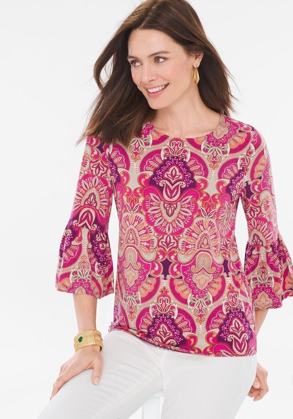 Chico's Medallion Paisley Stretch Boho 3/4 Bell Sleeve Top Pink Orange Red Sz XL